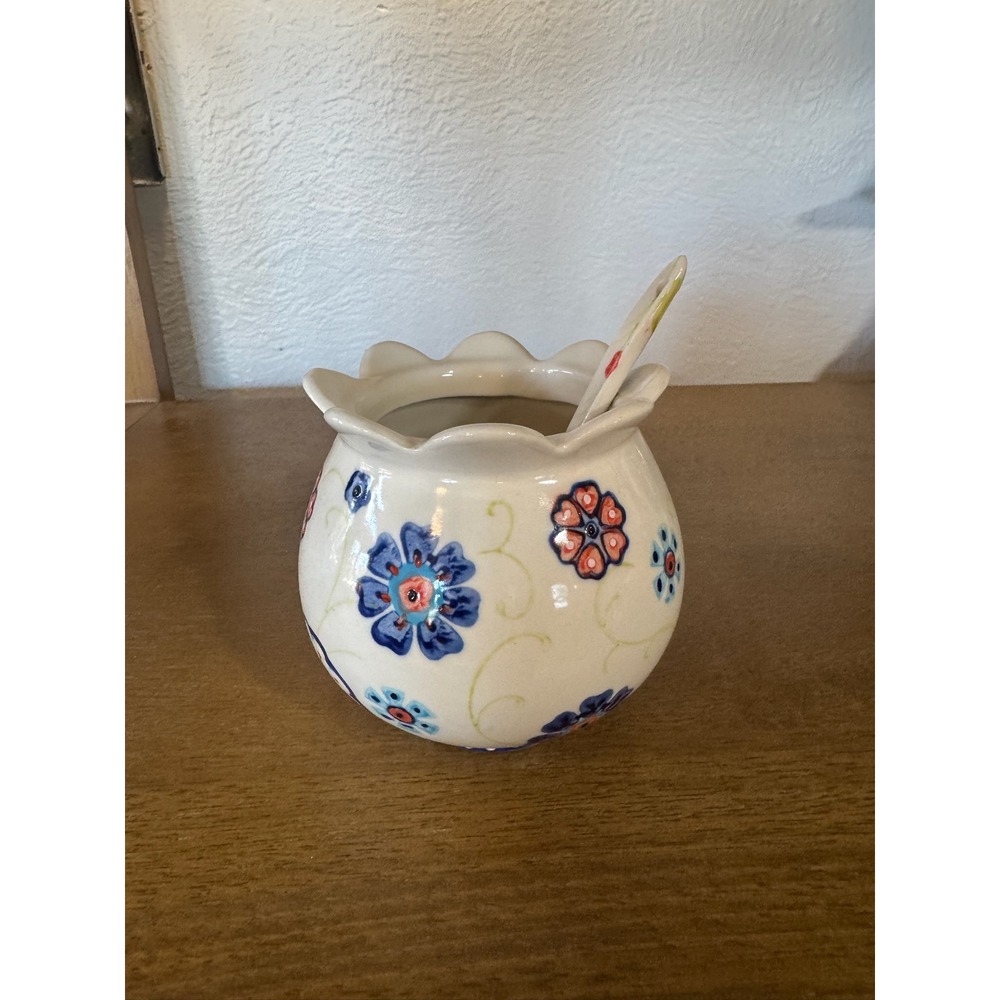 Anthropologie Floral Ceramic Sugar Bowl with Spoon NO LID Floral‎ Design